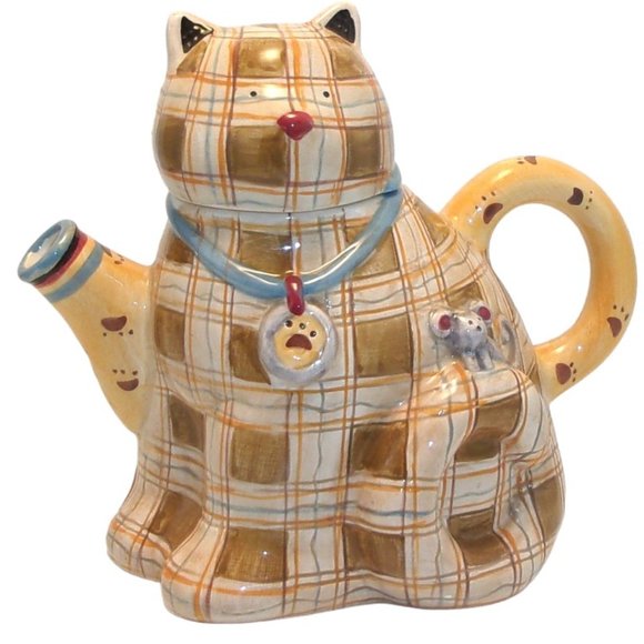 DEBBIE MUMM Plaid Cat Teapot Sakura Hand Painted Brown Blue 6" Tall - Picture 1 of 7